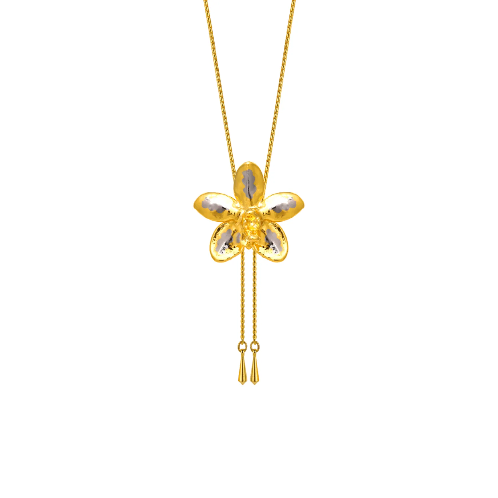 Aeridovanda Vieng Ping Orchid Long Slider Necklace in Gold & Palladium