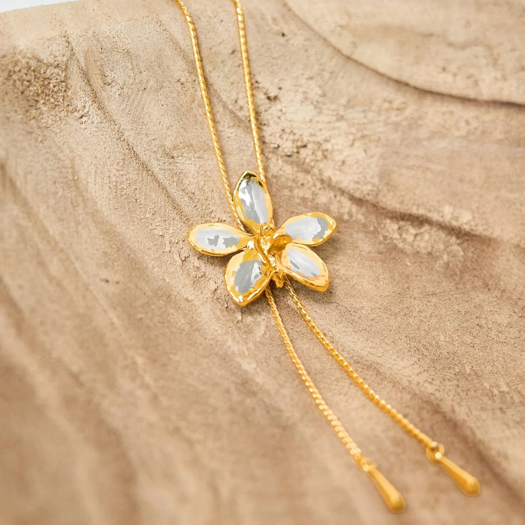 Aeridovanda Vieng Ping Orchid Long Slider Necklace in Gold & Palladium