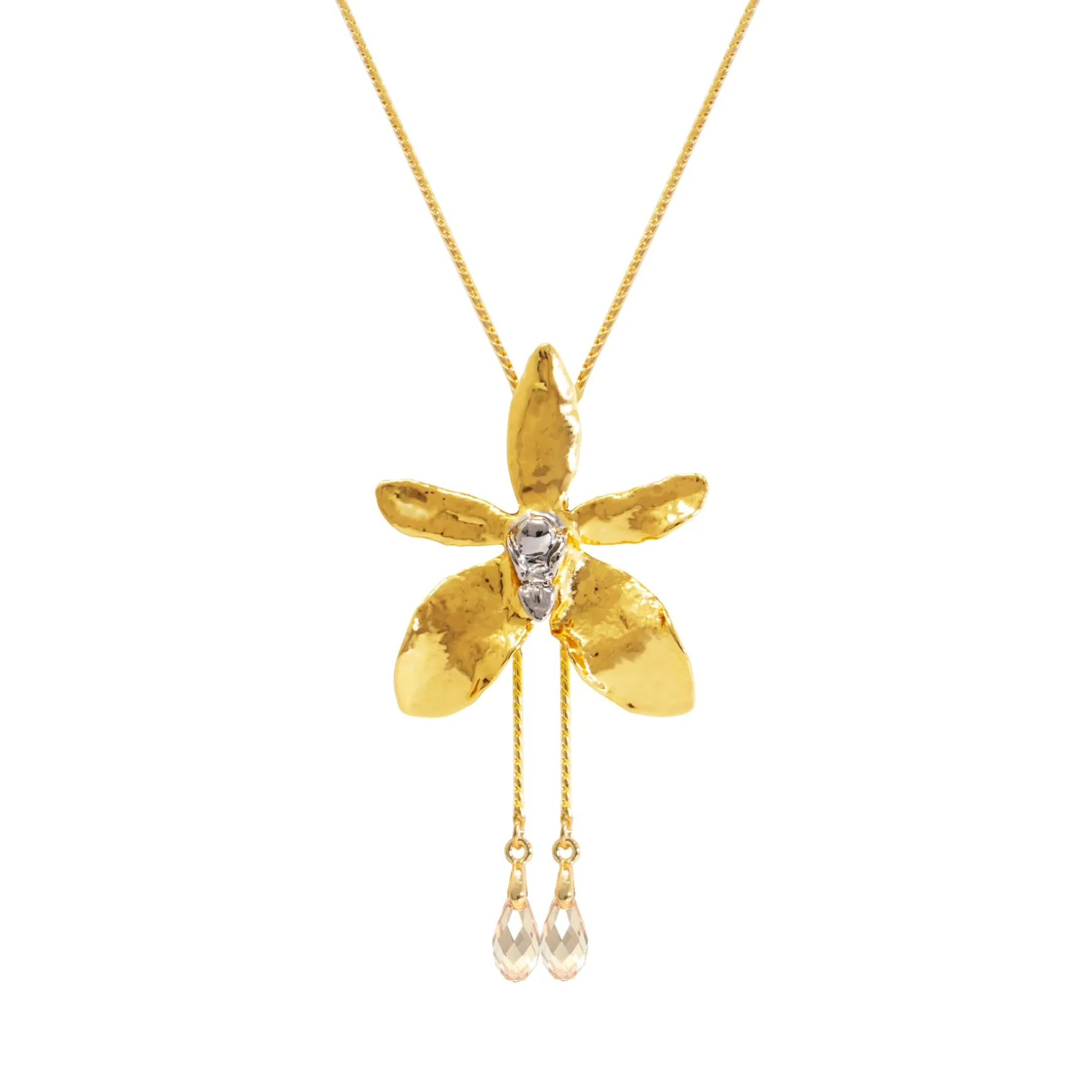 Aranthera Orchid Long Slider Necklace in Gold & Palladium with Crystal Tailends