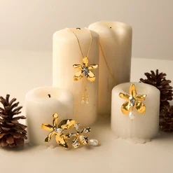 Aranthera Orchid Long Slider Necklace in Gold & Palladium with Crystal Tailends