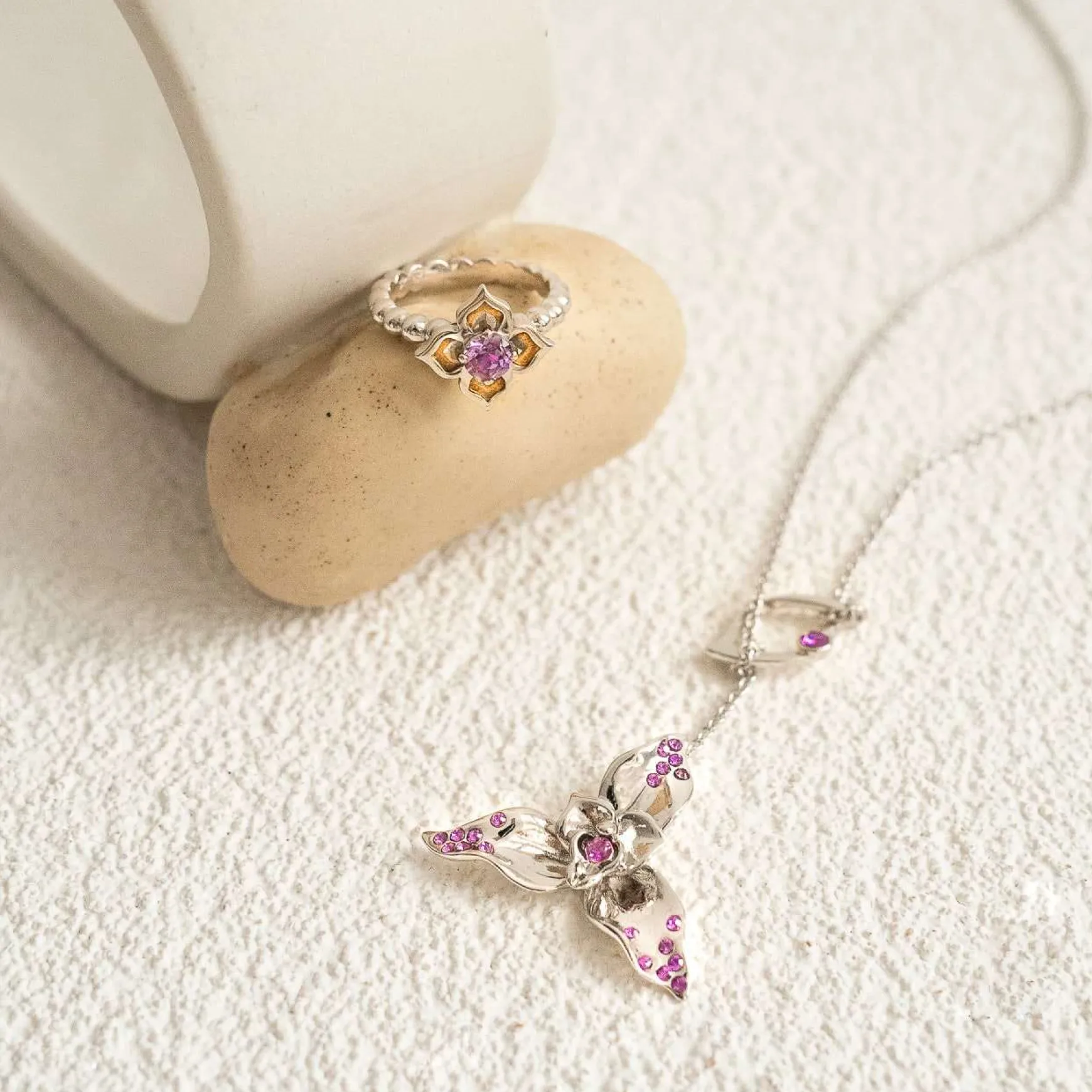 Dazzle With Orchids Necklace - Lycaste Inspired Orchid with Amethyst (Feb)