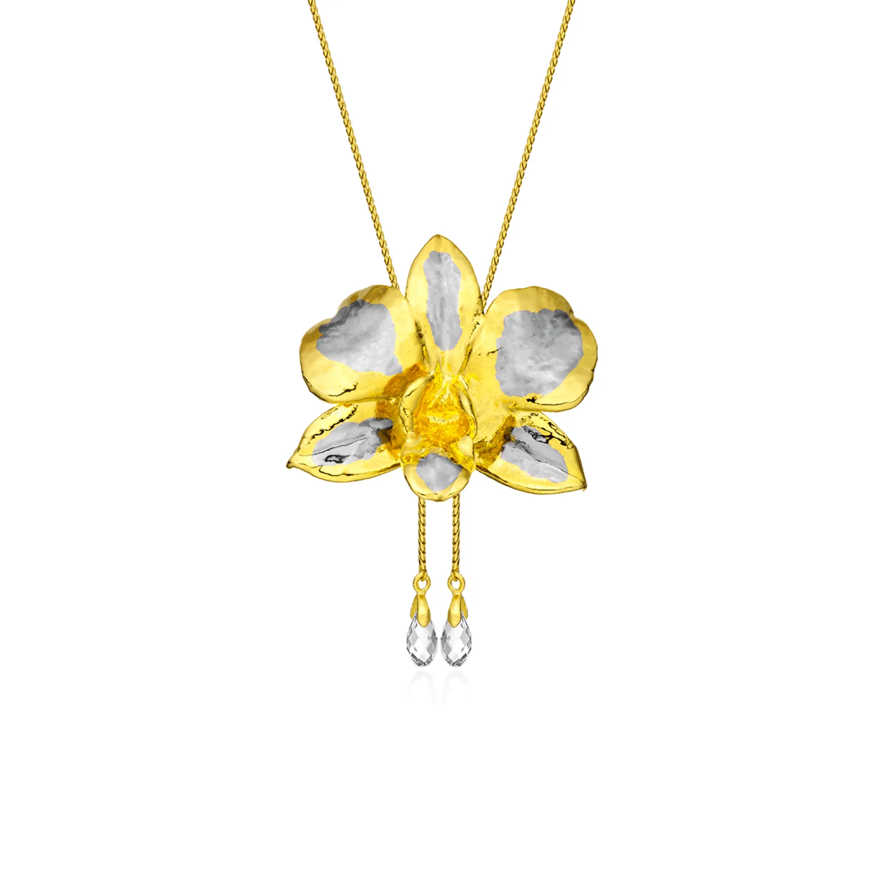 Dendrobium Eleanor Chan Orchid Long Slider Necklace in Gold & Palladium with Crystal Tailends