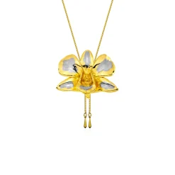 Dendrobium Tay Swee Keng Orchid Long Slider Necklace in Gold & Palladium