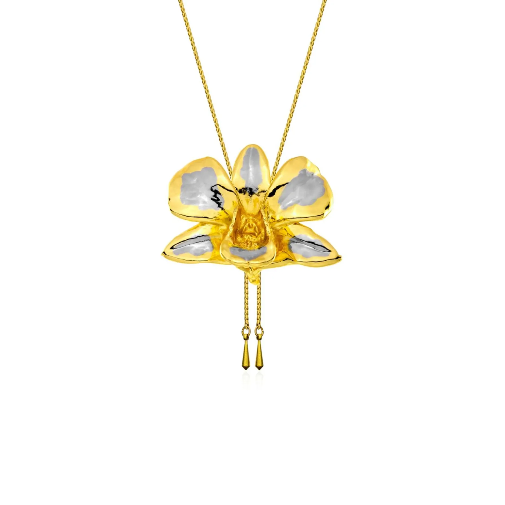 Dendrobium Tay Swee Keng Orchid Long Slider Necklace in Gold & Palladium