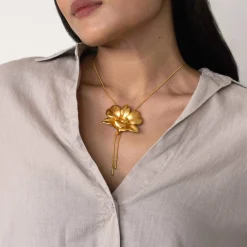 Dendrobium Tay Swee Keng Orchid Long Slider Necklace in Gold