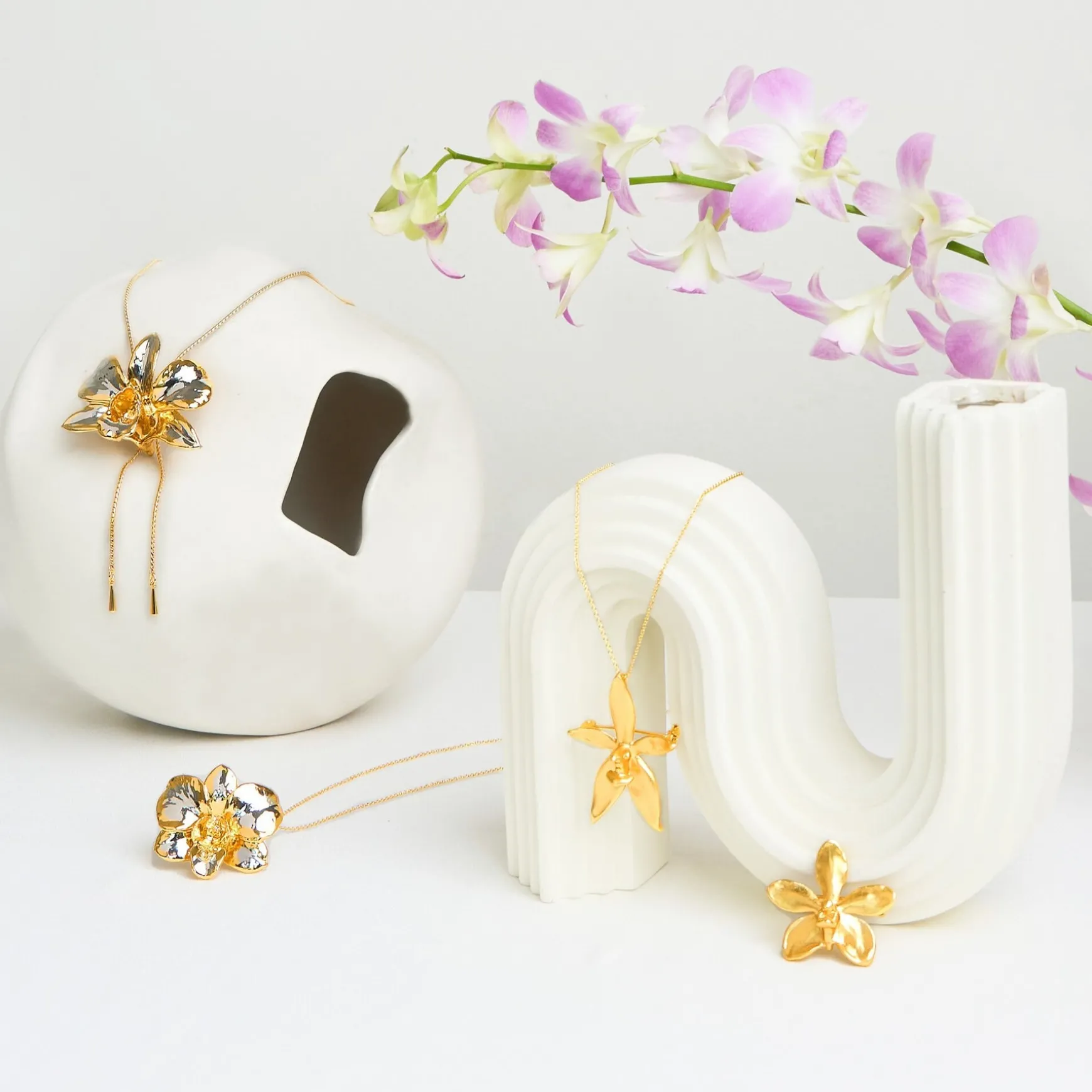 Dendrobium Tay Swee Keng Orchid Long Slider Necklace in Gold & Palladium