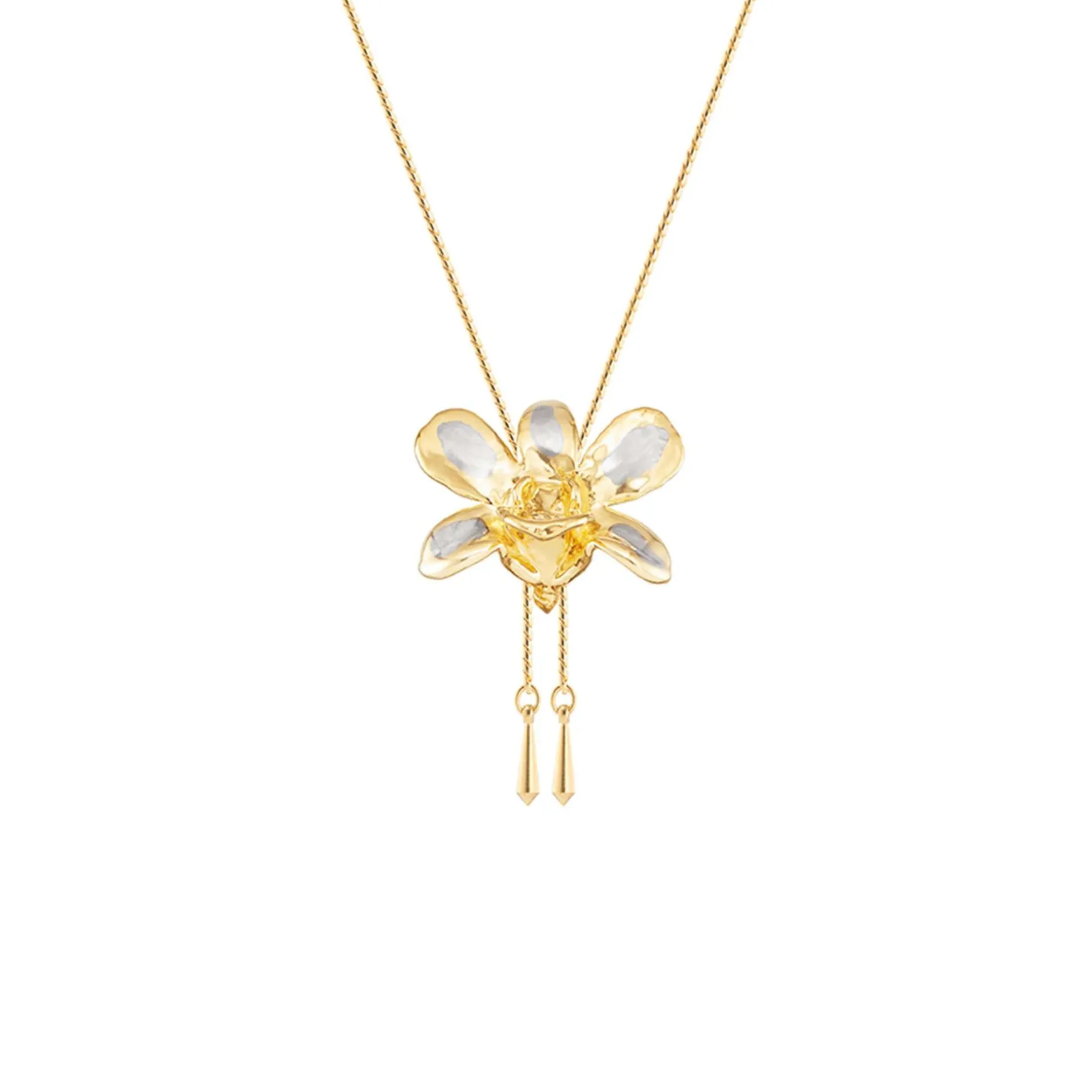 Dendrobium Thong Chai Orchid Long Slider Necklace in Gold & Palladium