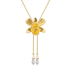 Dendrobium Thong Chai Orchid Long Slider Necklace in Gold with Crystal Tailends