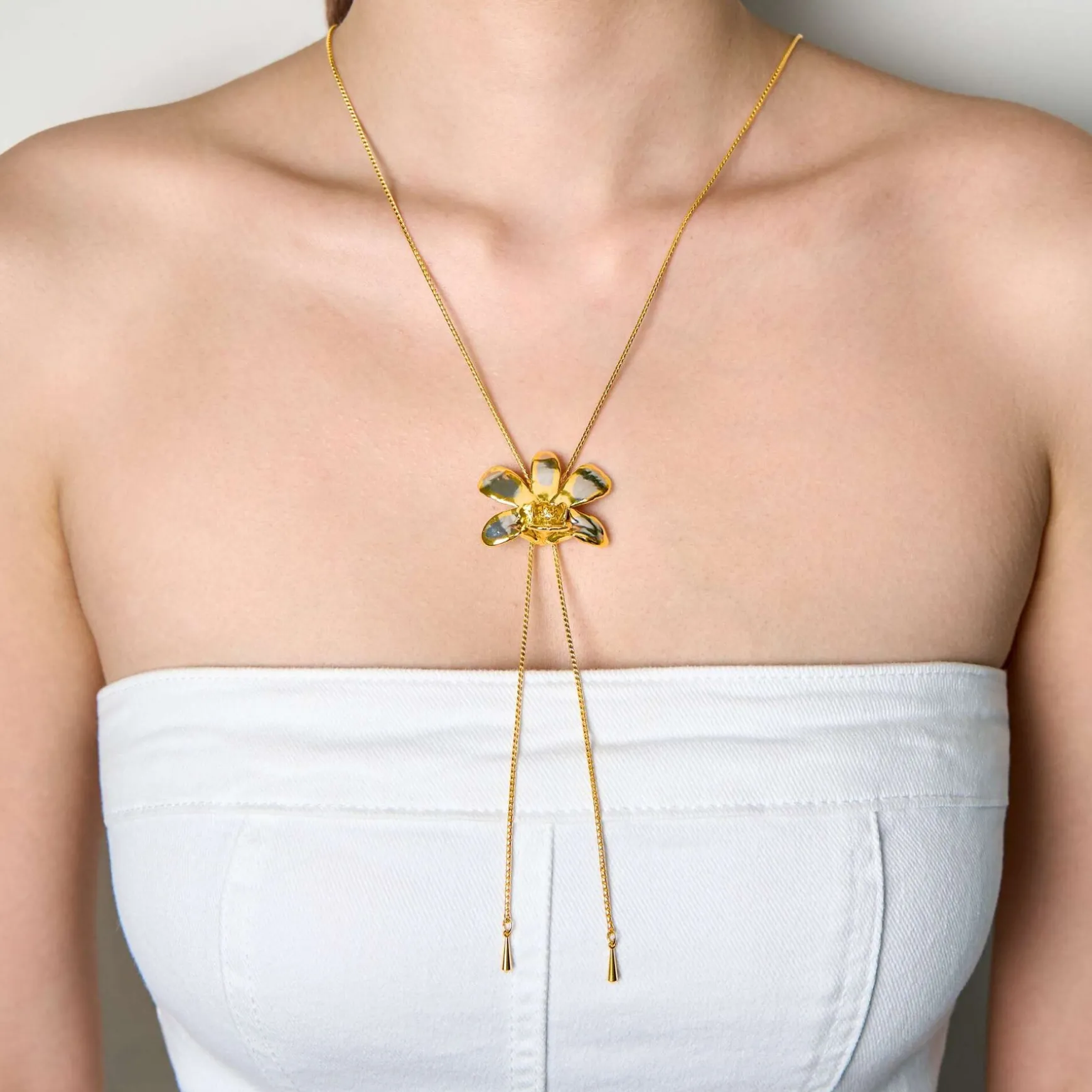 Dendrobium Thong Chai Orchid Long Slider Necklace in Gold & Palladium