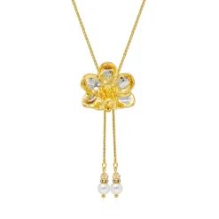 Doritaenopsis Purple Gem Orchid Short Slider Necklace in Gold & Palladium with Pearl Tailends