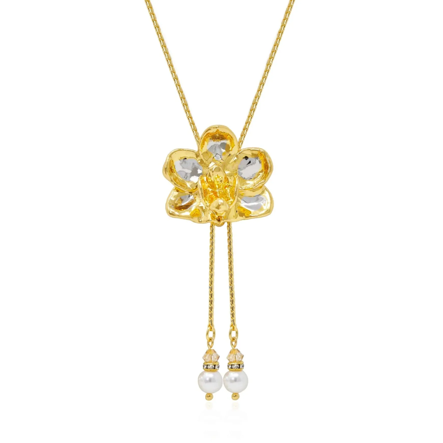 Doritaenopsis Purple Gem Orchid Short Slider Necklace in Gold & Palladium with Pearl Tailends