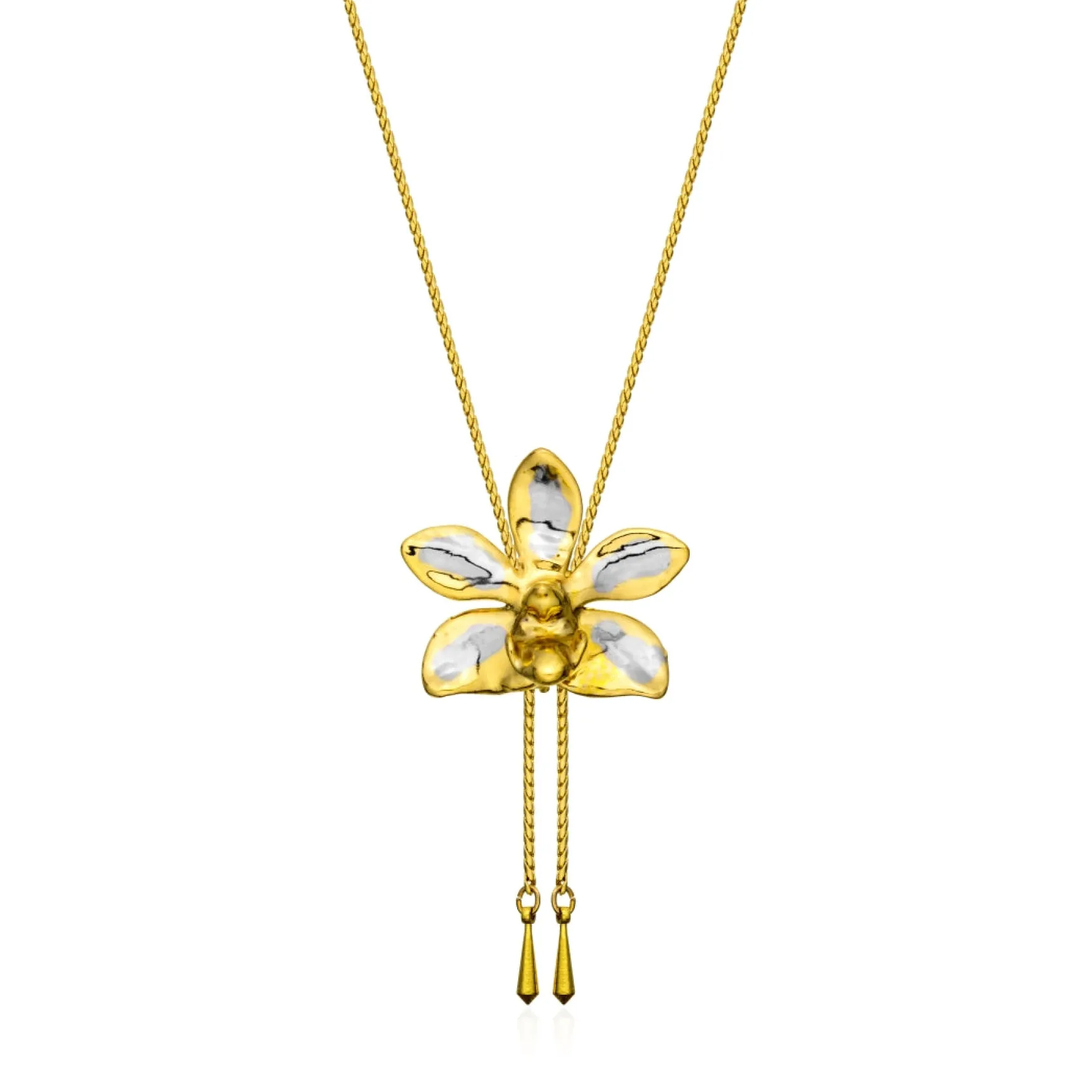 Doritaenopsis Summer Red Orchid Long Slider Necklace in Gold & Palladium