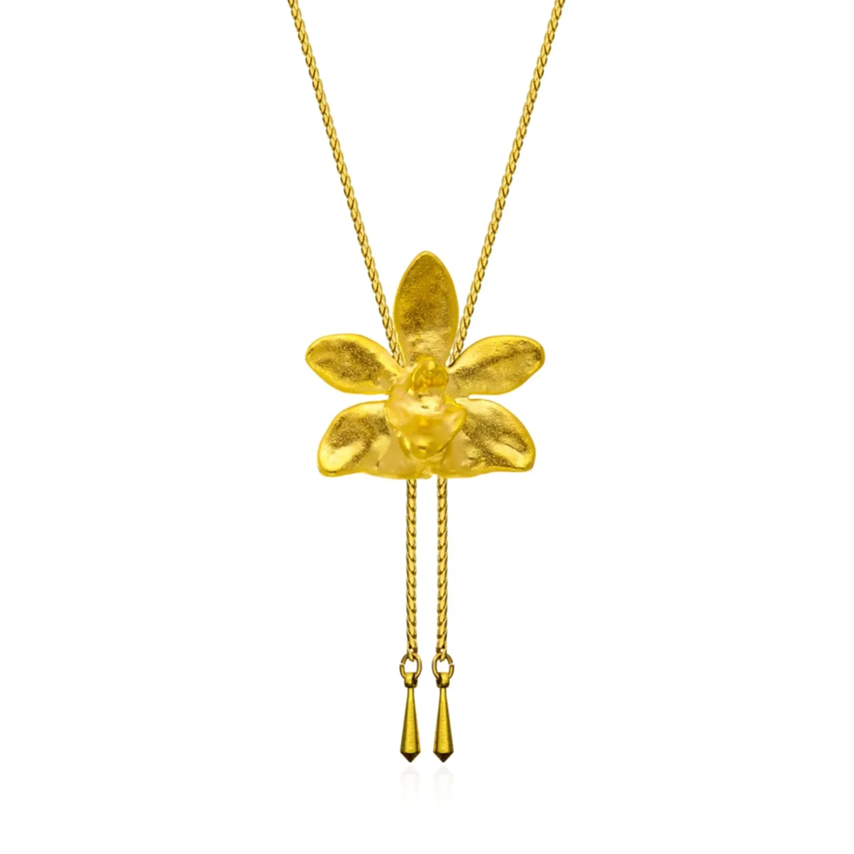 Doritaenopsis Summer Red Orchid Long Slider Necklace in Gold