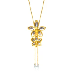 Dual Orchid Bloom Long Slider Necklace in Gold & Palladium with Crystal Tailends