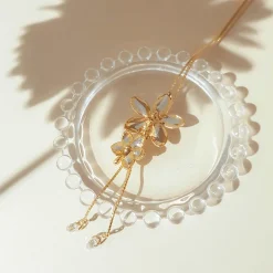 Dual Orchid Bloom Long Slider Necklace in Gold & Palladium with Crystal Tailends