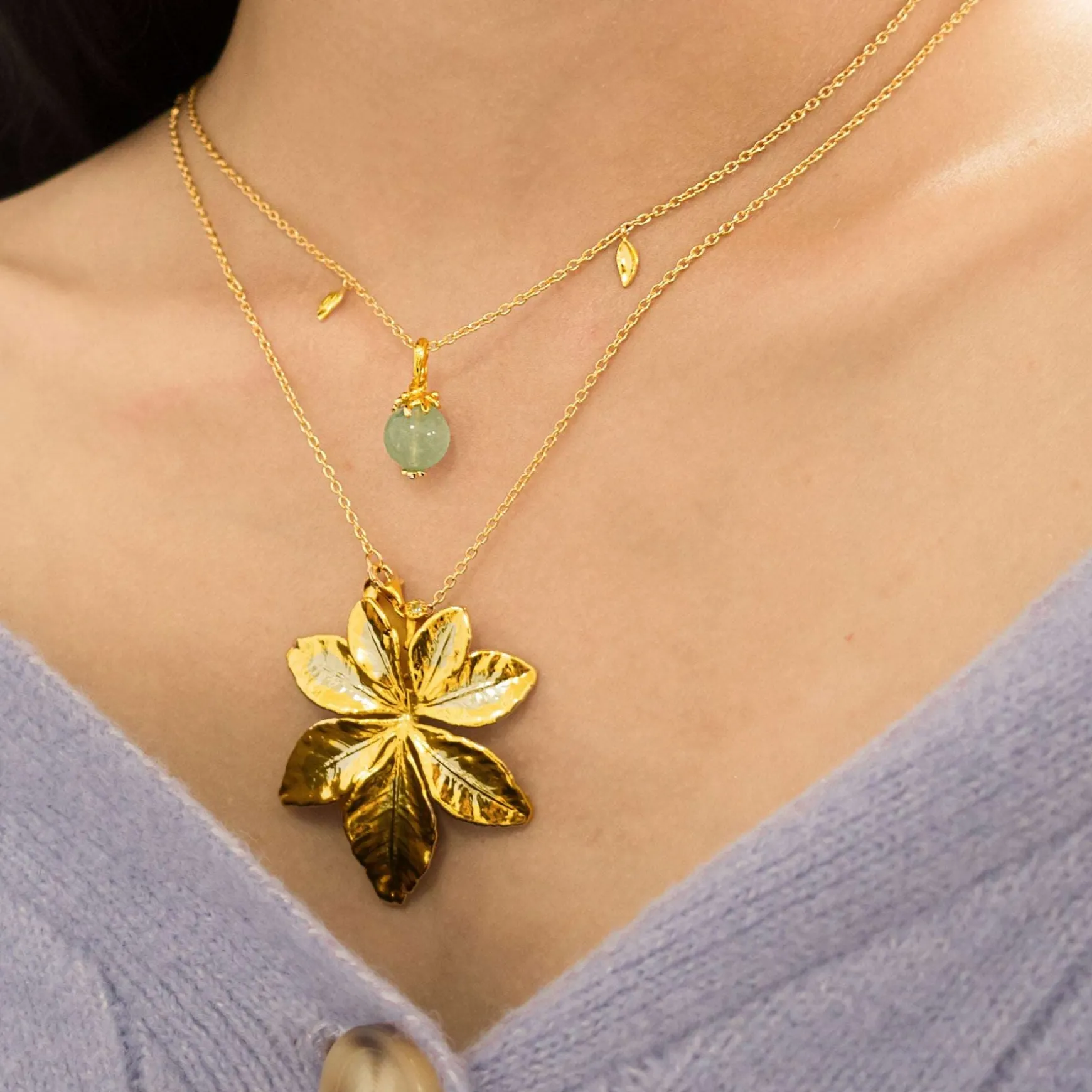 Morning Glory Leaf Necklace with Aquamarine and Topaz
