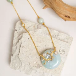 Nature's Jade Long Gold Necklace with White Topaz