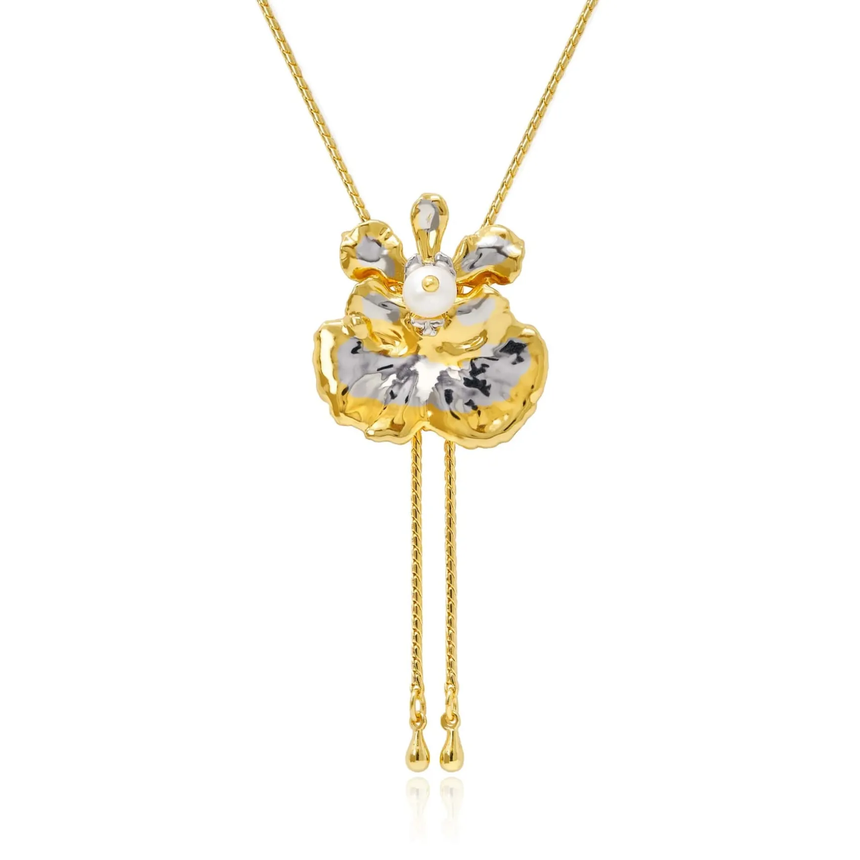 Oncidium Coco Drop II Pearl Long Slider Necklace in Gold & Palladium