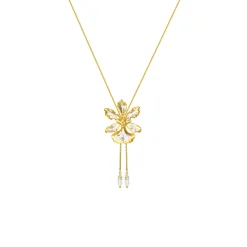 Oncidium Haematochilum Orchid Long Slider Necklace in Gold & Palladium with Crystal Tailends