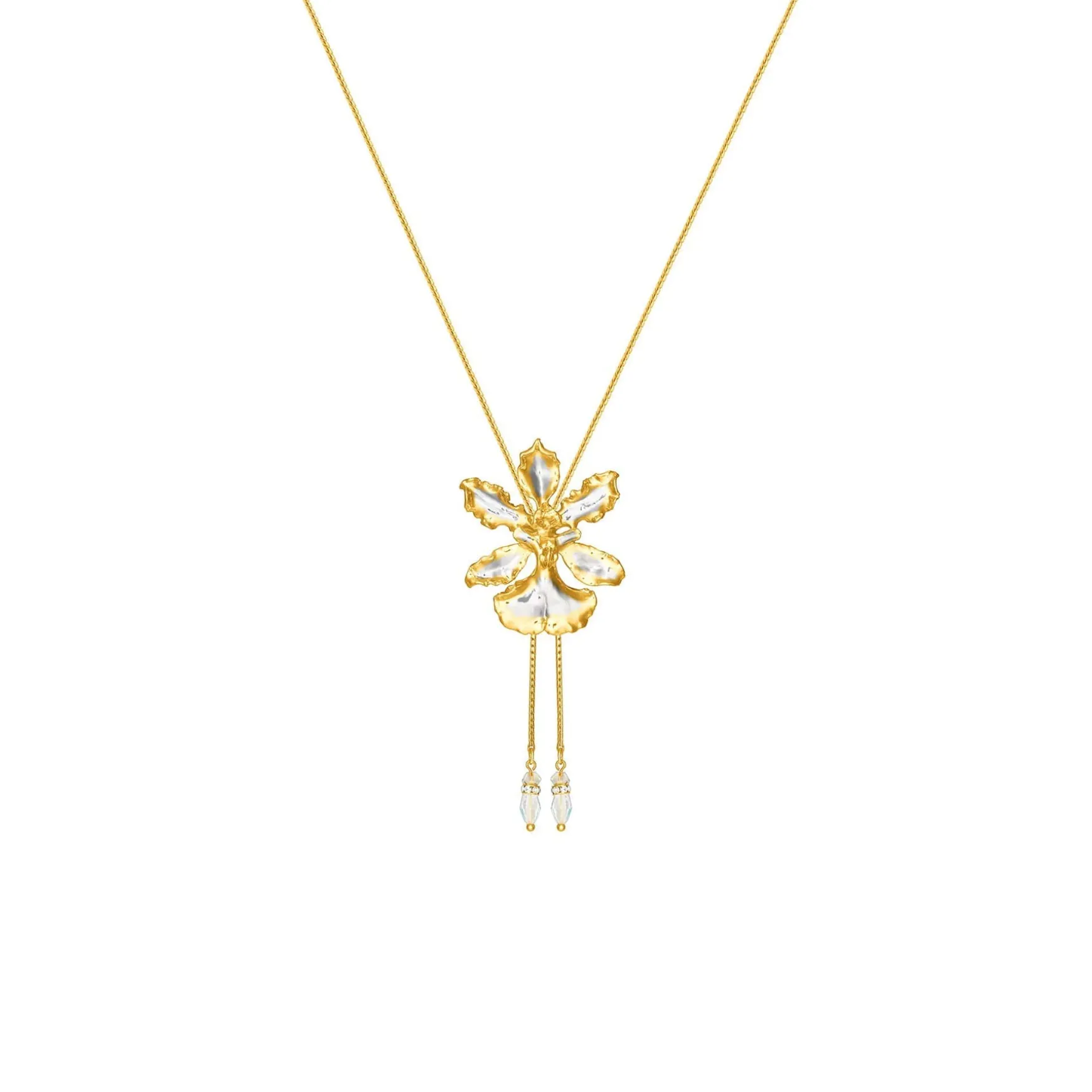 Oncidium Haematochilum Orchid Long Slider Necklace in Gold & Palladium with Crystal Tailends