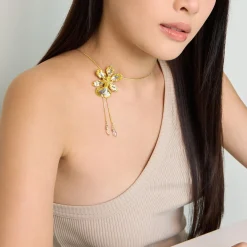 Oncidium Haematochilum Orchid Long Slider Necklace in Gold & Palladium with Crystal Tailends