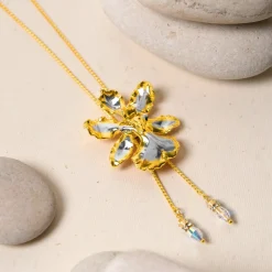 Oncidium Haematochilum Orchid Long Slider Necklace in Gold & Palladium with Crystal Tailends