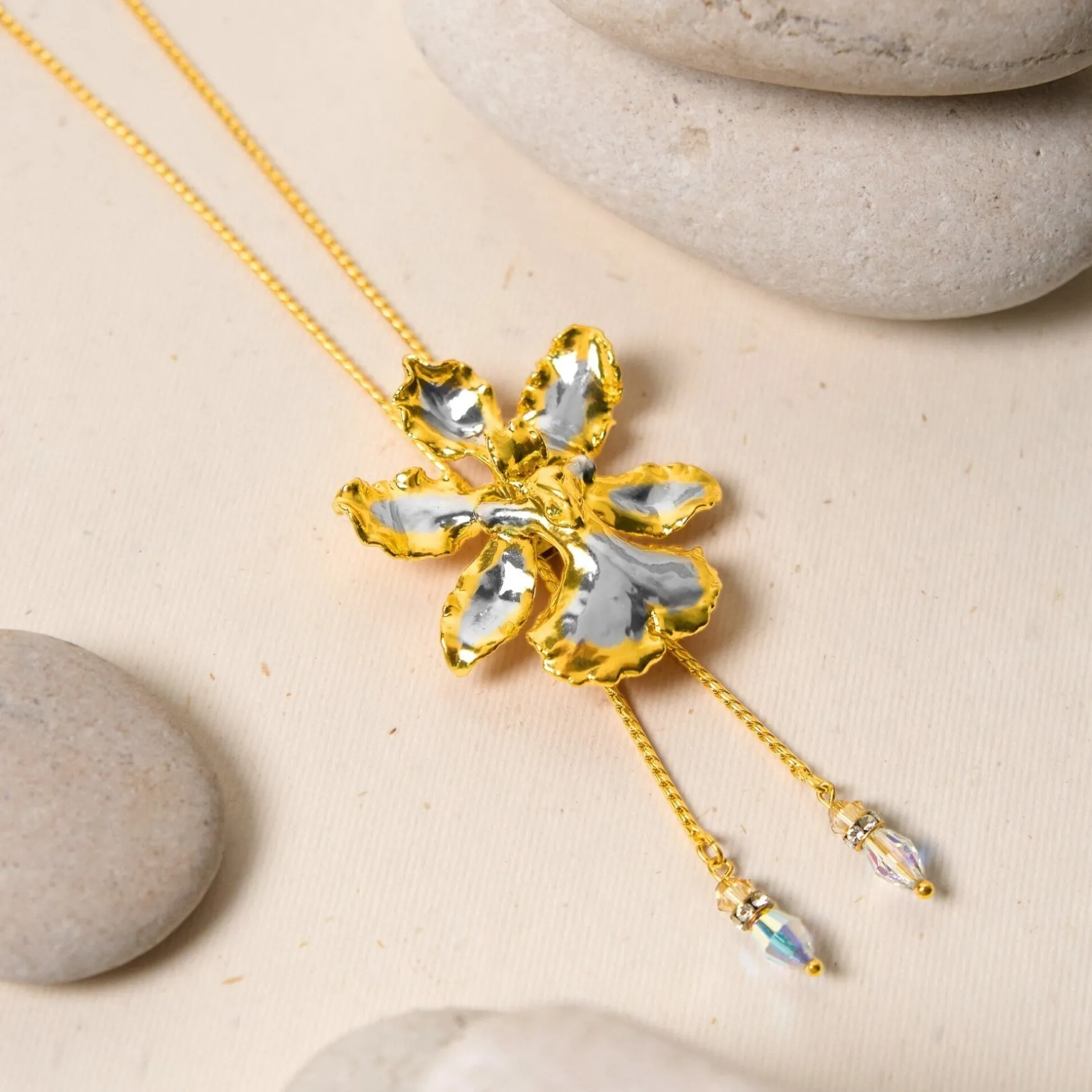 Oncidium Haematochilum Orchid Long Slider Necklace in Gold & Palladium with Crystal Tailends