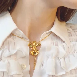 Oncidium Mary Saporita Orchid Long Slider Necklace in Gold