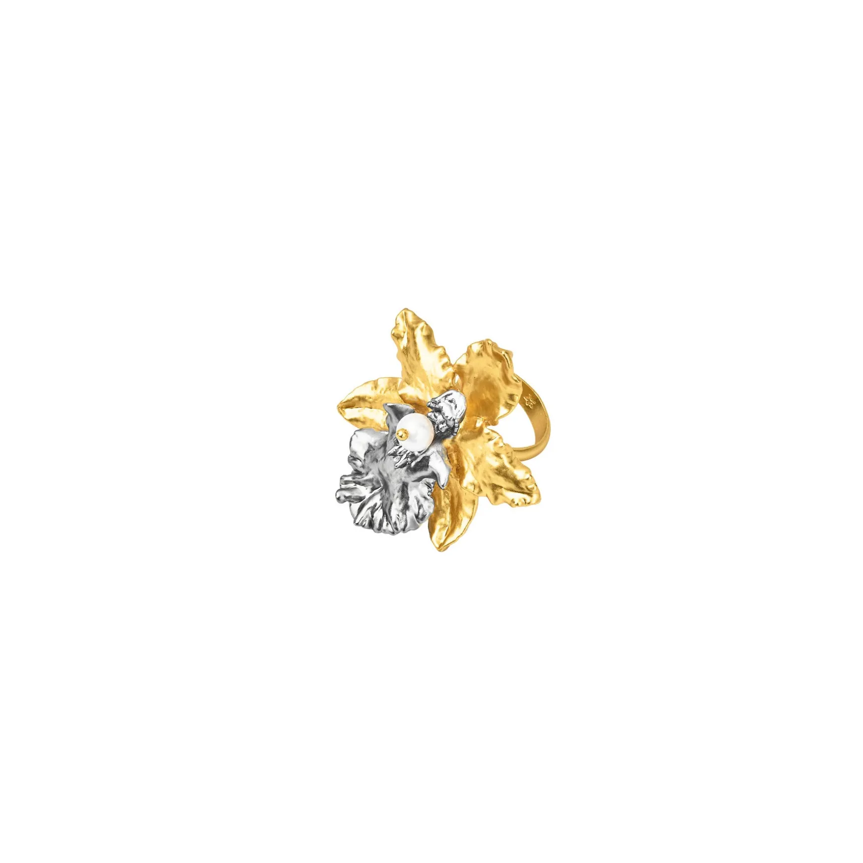 Oncidium Orchid Ring in Gold and Palladium with Pearl