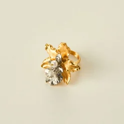 Oncidium Orchid Ring in Gold and Palladium with Pearl