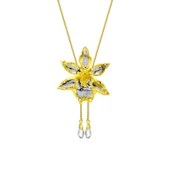 Oncidium Wildcat Orchid Long Slider Necklace in Gold & Palladium with Crystal Tailends