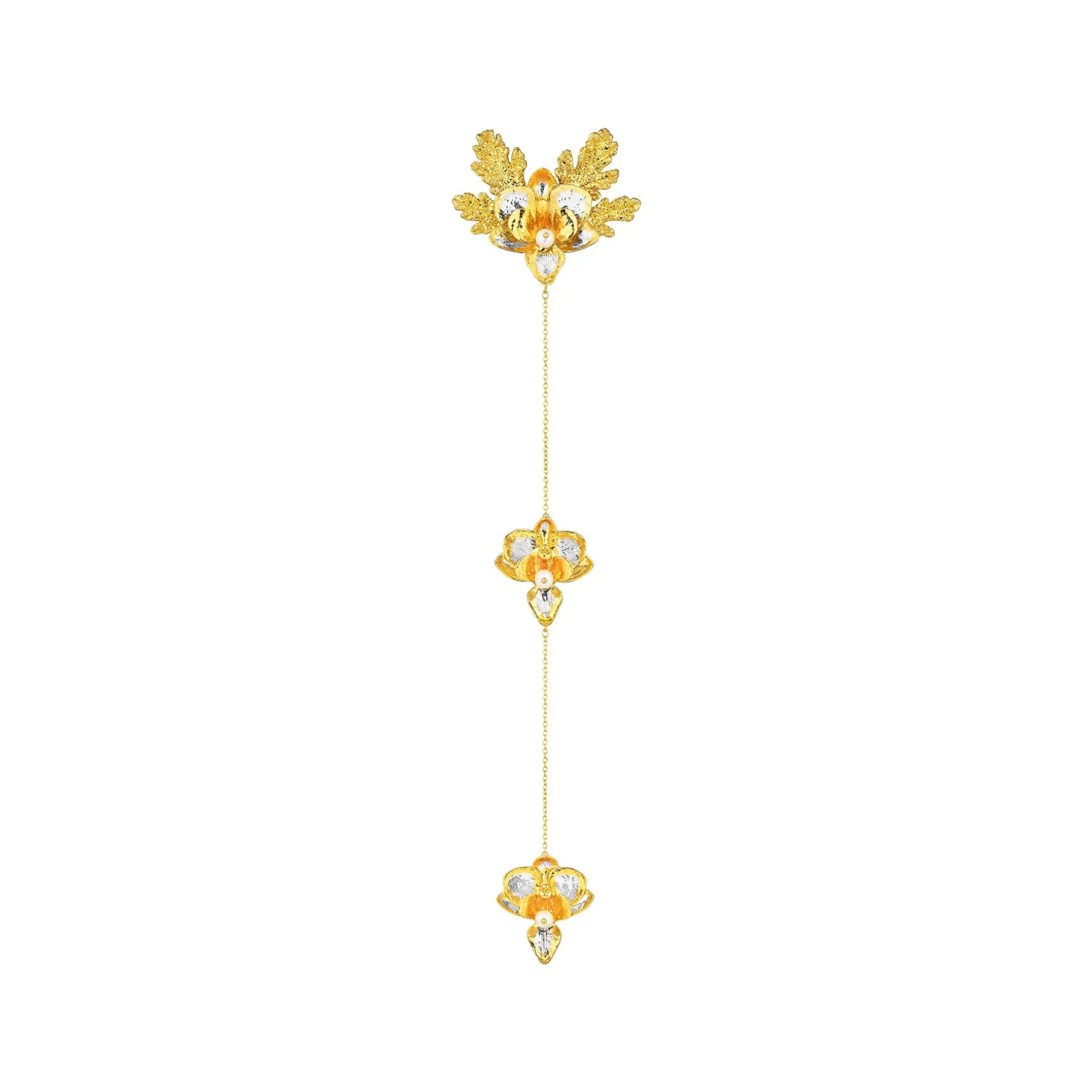 Orchid Kerongsang with Citronella Leaves in Gold, Palladium and Pearls