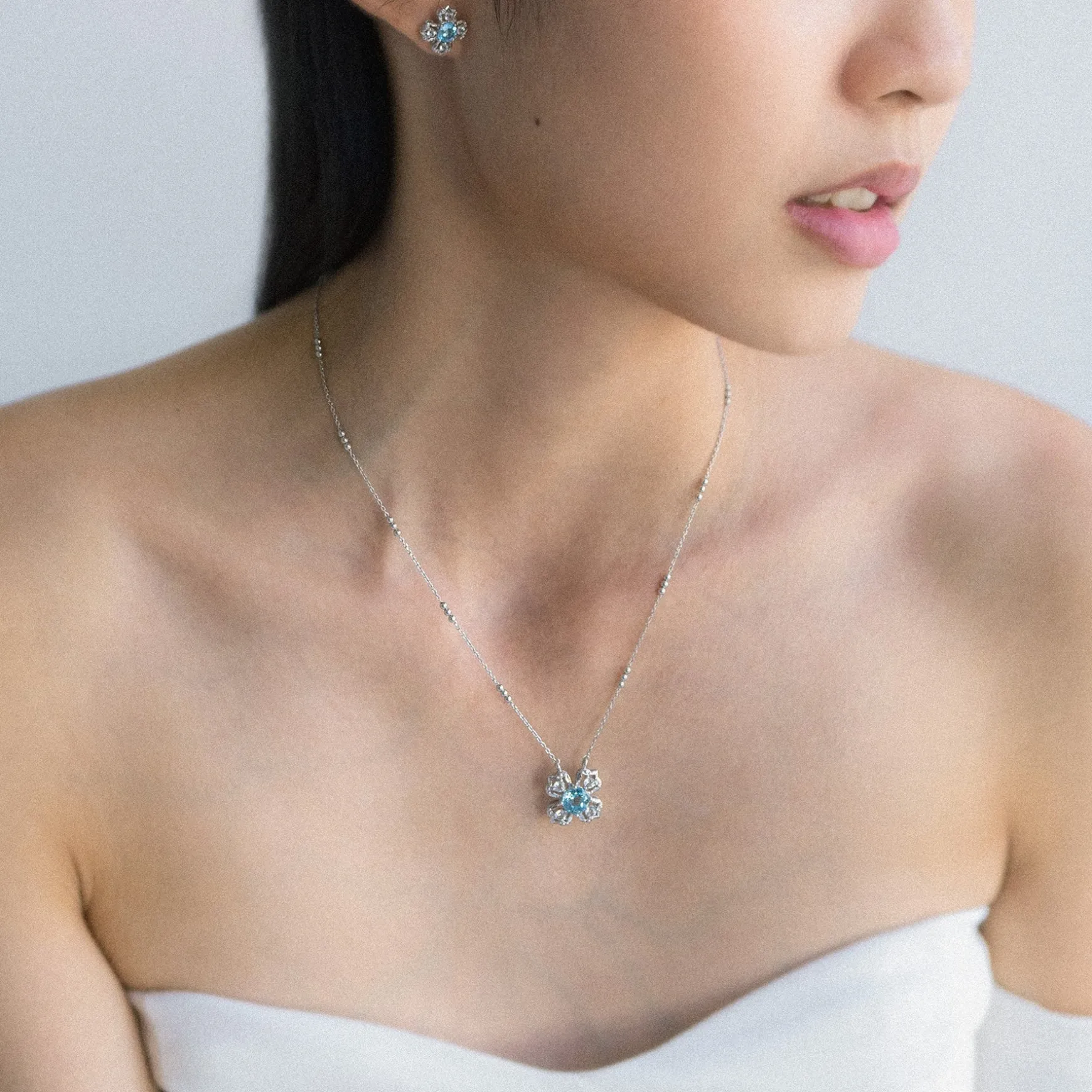 Peranakan Kebaya Necklace in Rhodium with Sky Blue Topaz