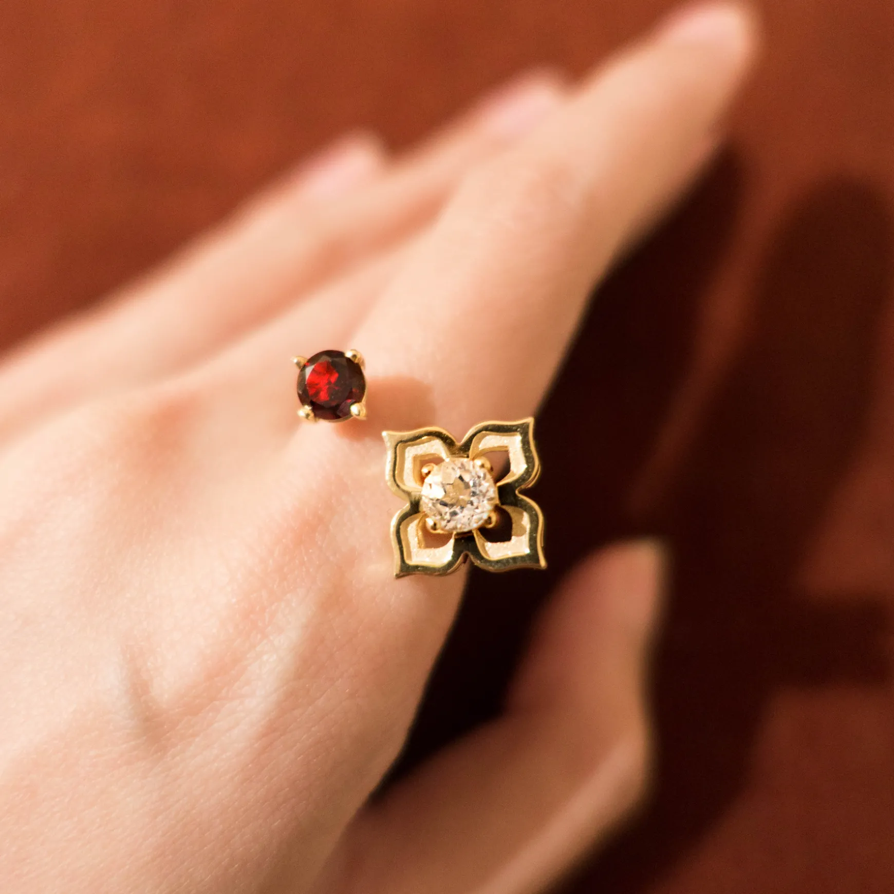 Peranakan Moments Lace Ring with Red Garnet and White Topaz