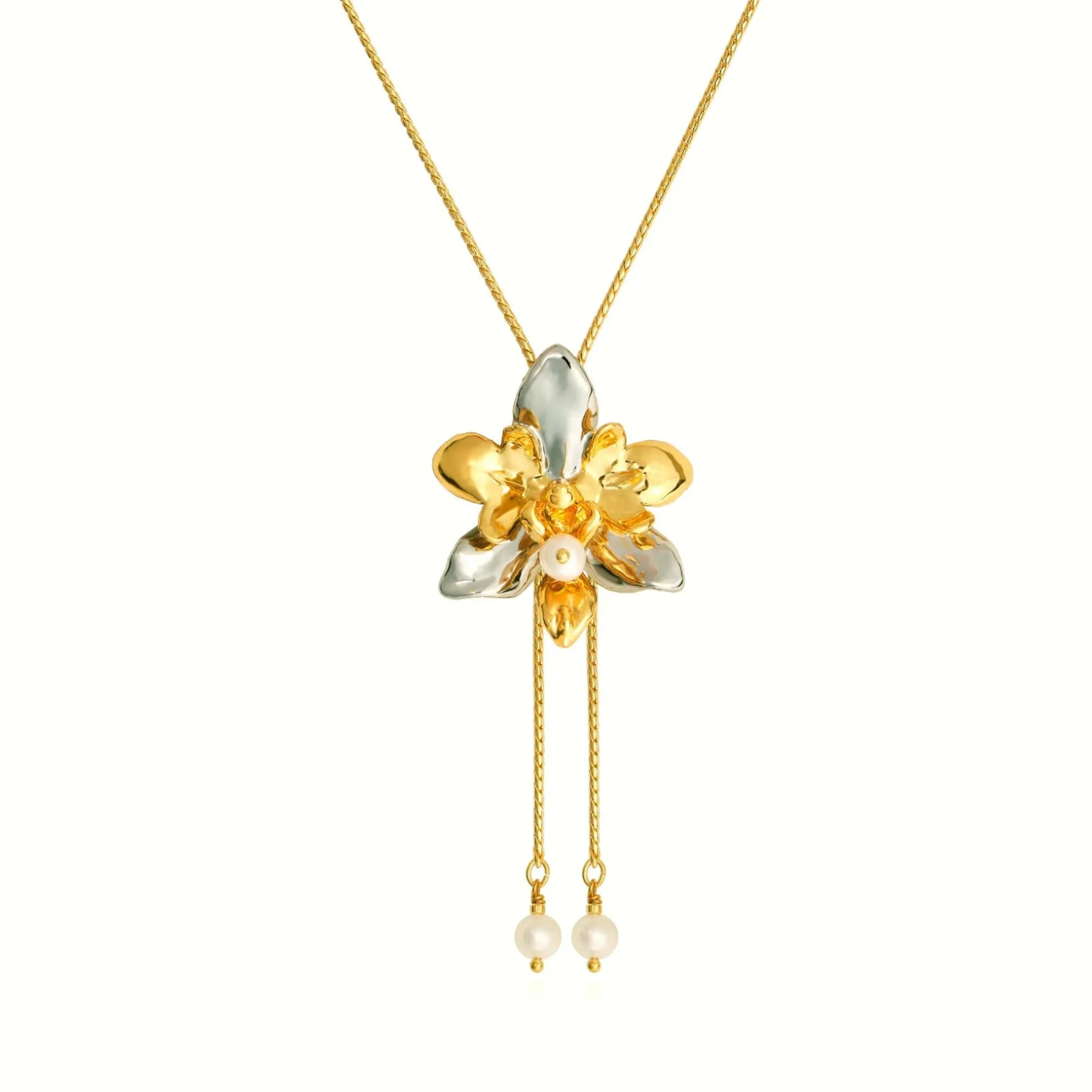 Phalaenopsis Cross Orchid Long Slider Necklace with Pearl Tailends