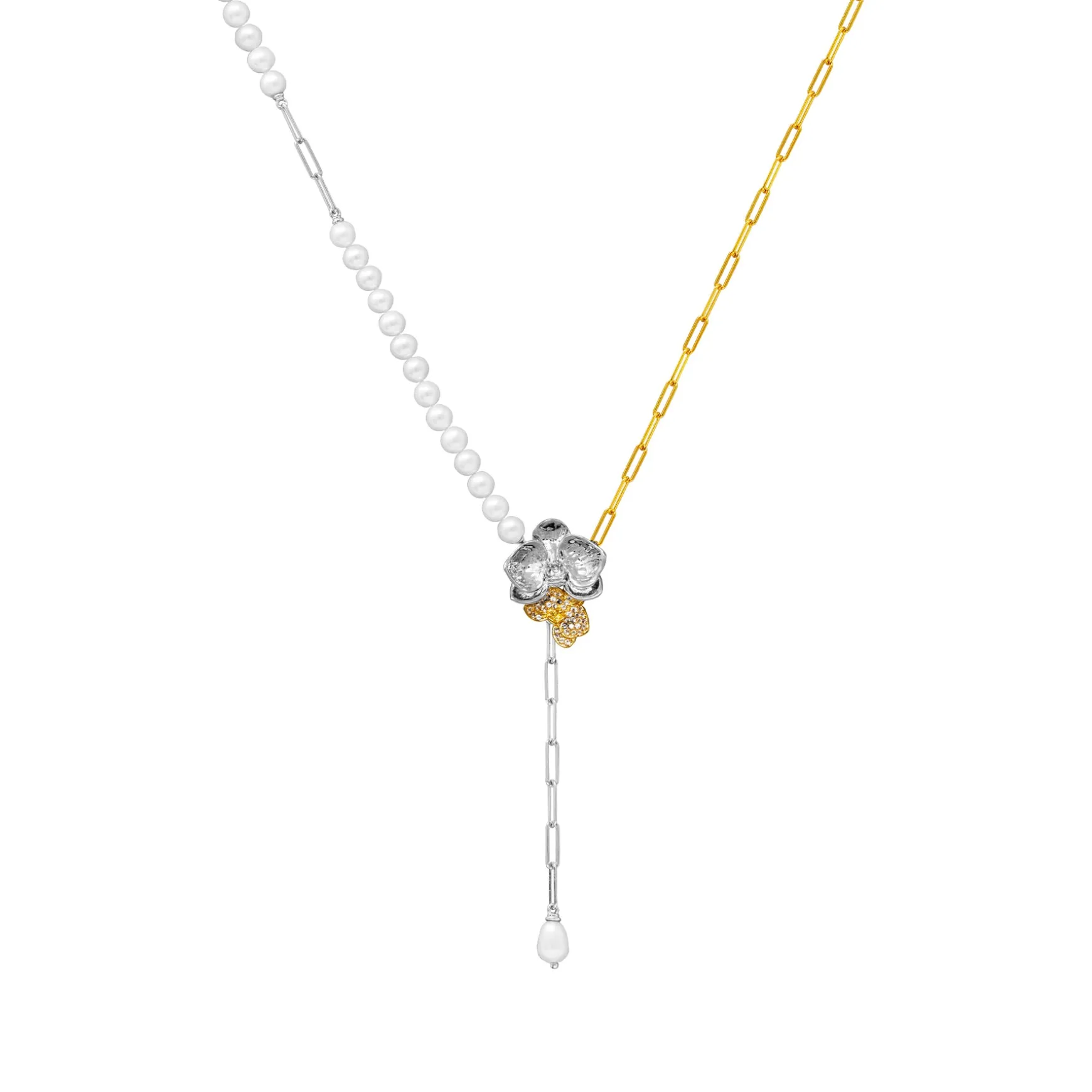 Phalaenopsis Moments Necklace In Gold and Rhodium with Pearls and White Topaz