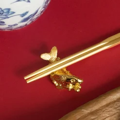 Set of 6 Gold-Plated Chopsticks with Carp Rest