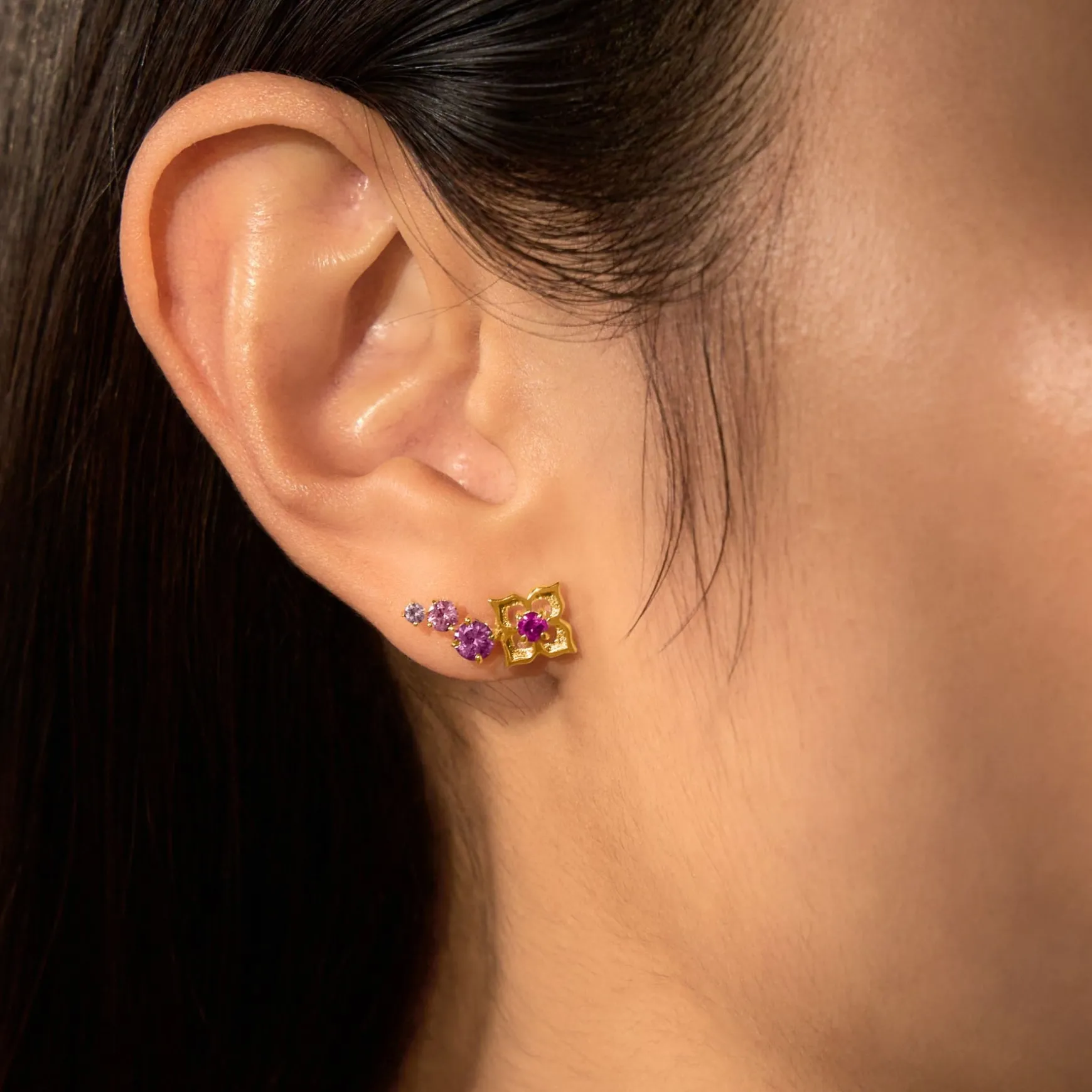 Timeless Nyonya Climber Earrings in Gold with Pink Sapphires