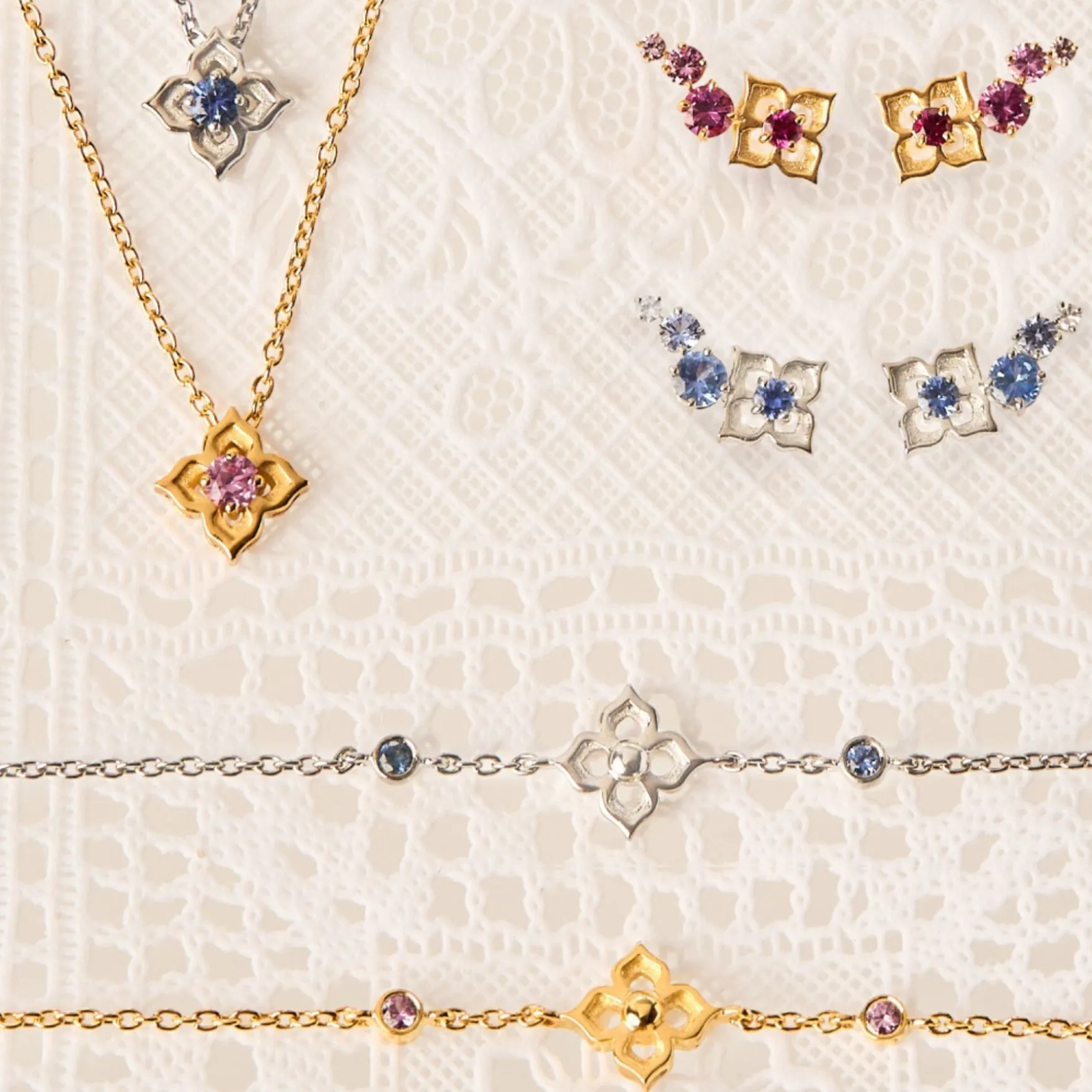 Timeless Nyonya Climber Earrings in Gold with Pink Sapphires